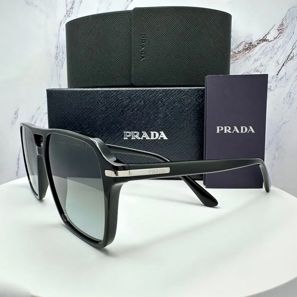 NEW PRADA Sunglasses Black Aviator Pilot 55-17mm Grey Lens Silver Logo